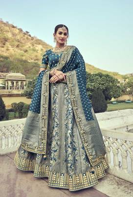 Teal embroidered silk semi stitched lehenga 1