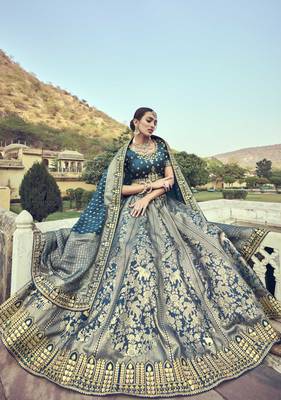 Teal embroidered silk semi stitched lehenga 2