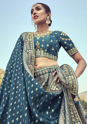 Teal embroidered silk semi stitched lehenga 3