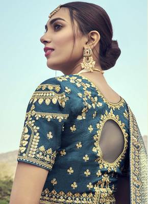 Teal embroidered silk semi stitched lehenga 4