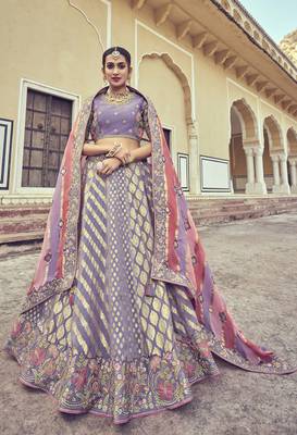 Lavender embroidered silk semi stitched lehenga 1