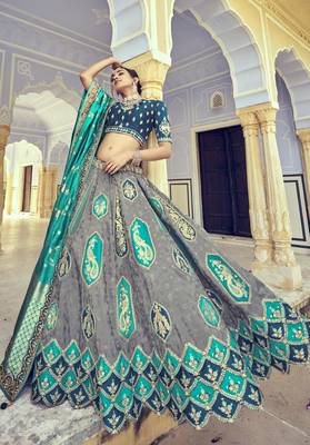 Grey embroidered silk semi stitched lehenga 1