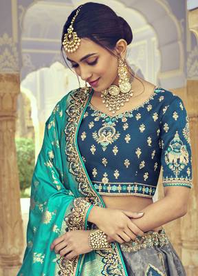 Grey embroidered silk semi stitched lehenga 2
