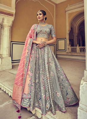 Grey embroidered silk semi stitched lehenga 1