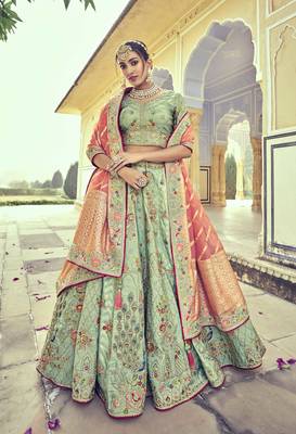 Sea-green embroidered silk semi stitched lehenga 1