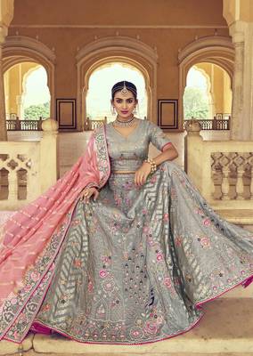 Grey embroidered silk semi stitched lehenga 2