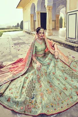 Sea-green embroidered silk semi stitched lehenga 2