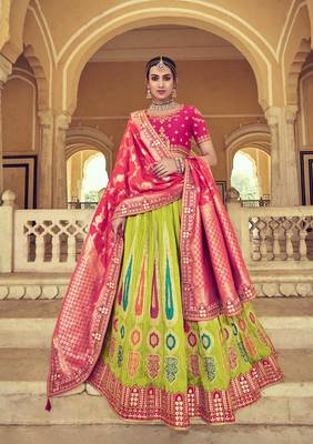 Parrot-green embroidered silk semi stitched lehenga 1