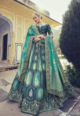 Teal embroidered silk semi stitched lehenga 1
