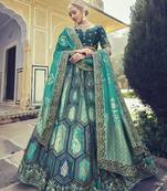Teal embroidered silk semi stitched lehenga