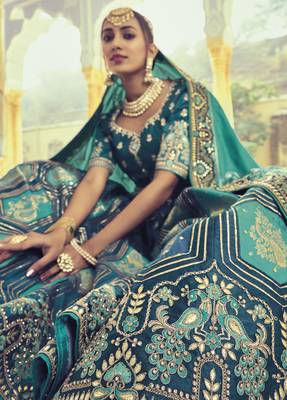 Teal embroidered silk semi stitched lehenga 2