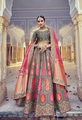 Grey embroidered silk semi stitched lehenga 1