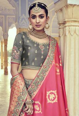 Grey embroidered silk semi stitched lehenga 2