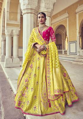Yellow embroidered silk semi stitched lehenga 1