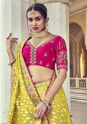 Yellow embroidered silk semi stitched lehenga 2