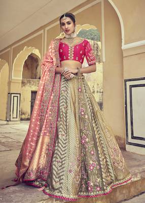 Beige embroidered silk semi stitched lehenga 1