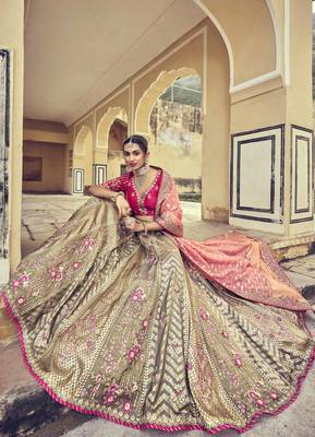 Beige embroidered silk semi stitched lehenga 2