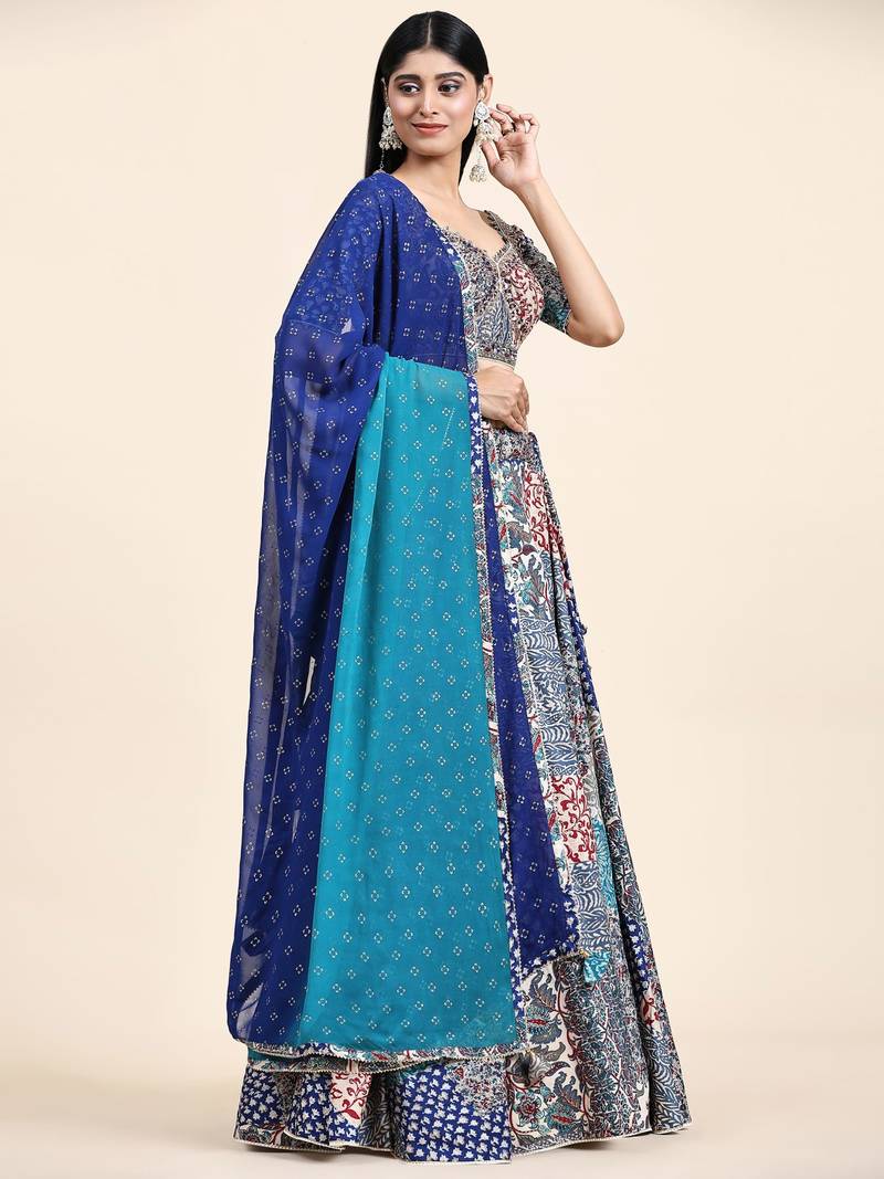 Blue Embroidered Silk Traditional Lehnga Choli with Blouse