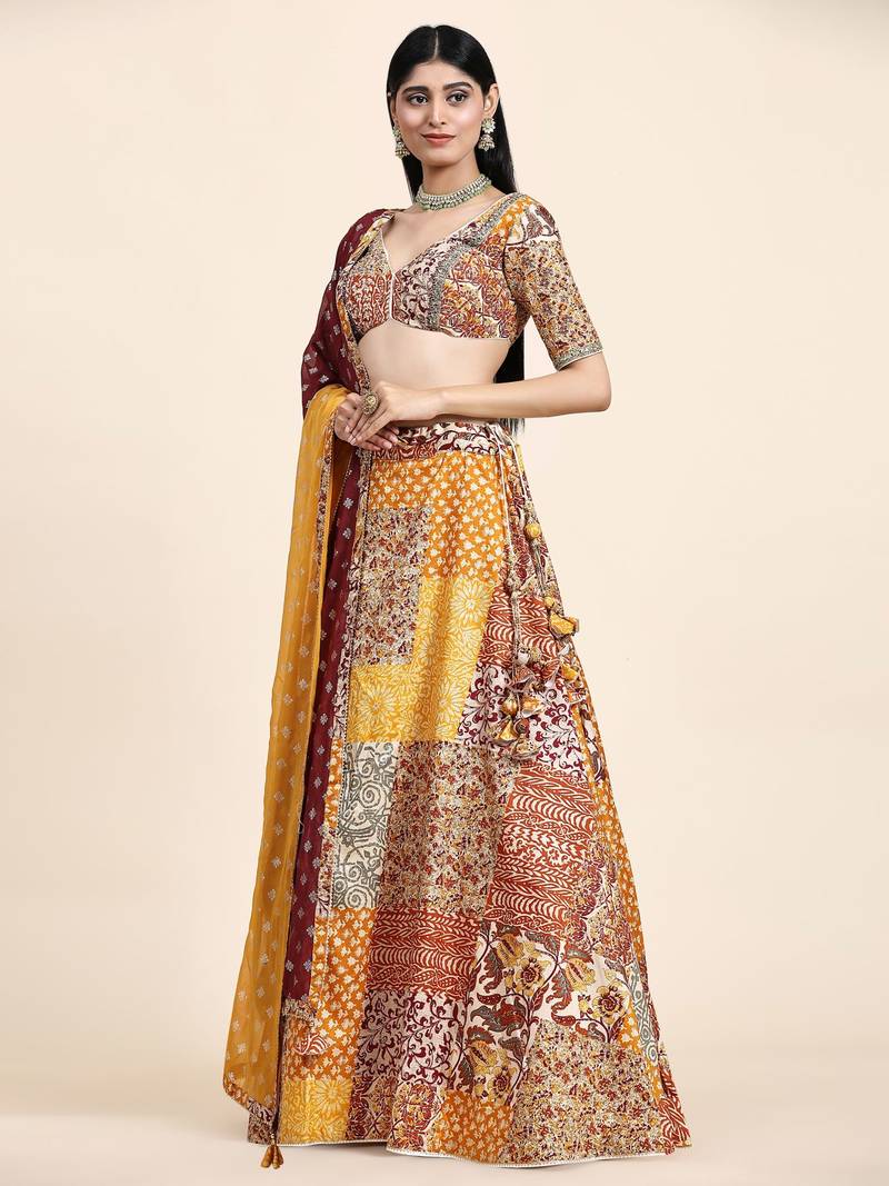 Yellow & Red Embroidered Silk Traditional Lehnga Choli with Blouse