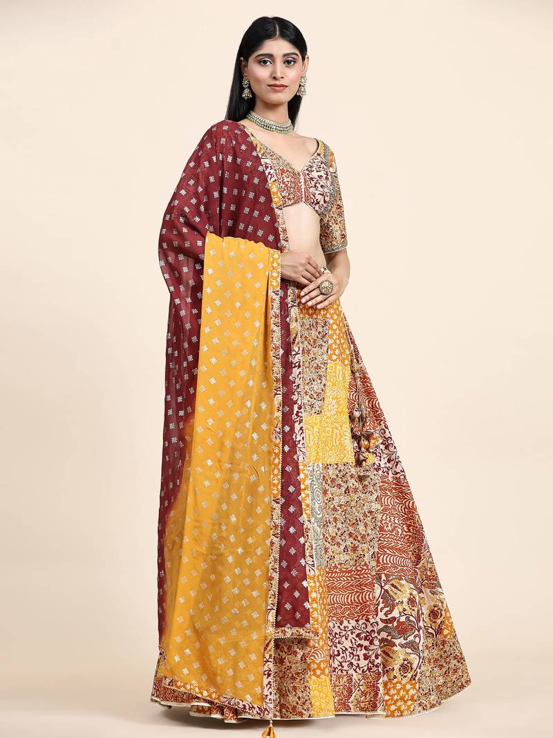 Yellow & Red Embroidered Silk Traditional Lehnga Choli with Blouse