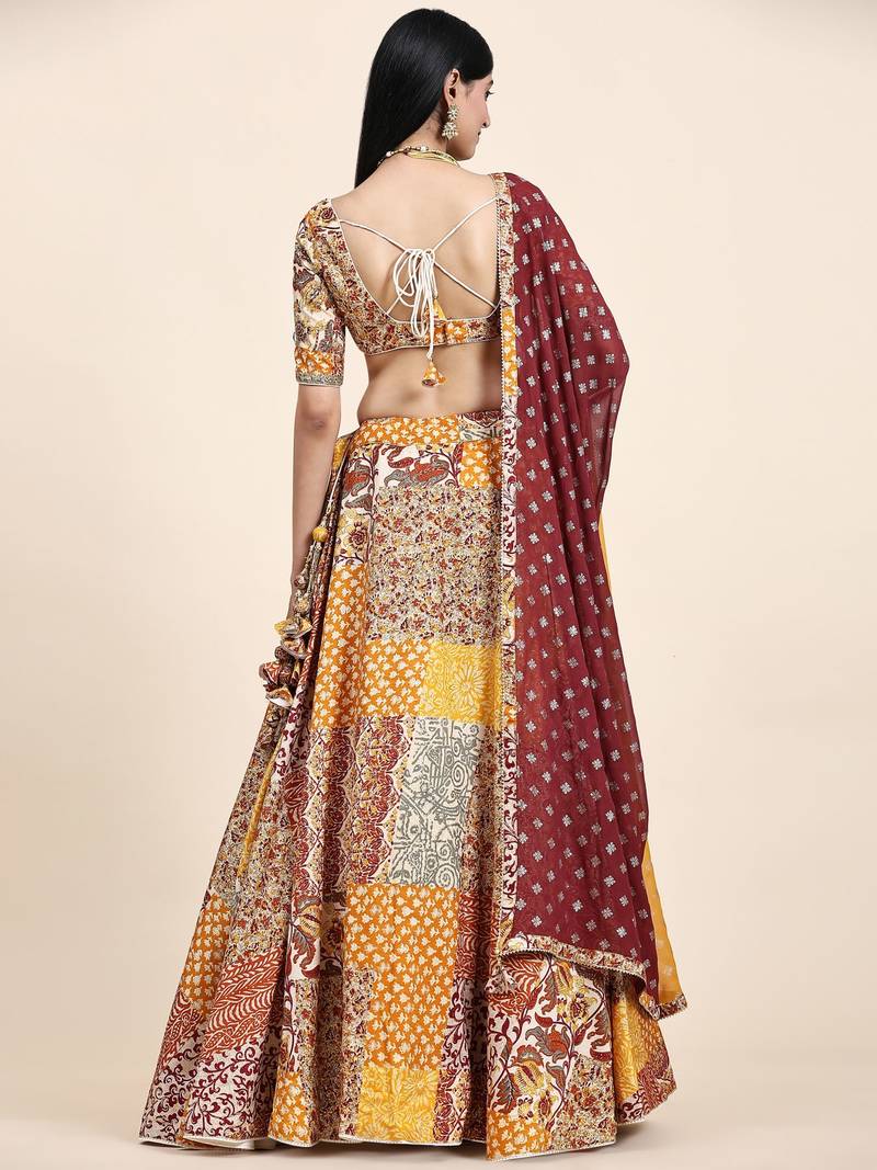 Yellow & Red Embroidered Silk Traditional Lehnga Choli with Blouse