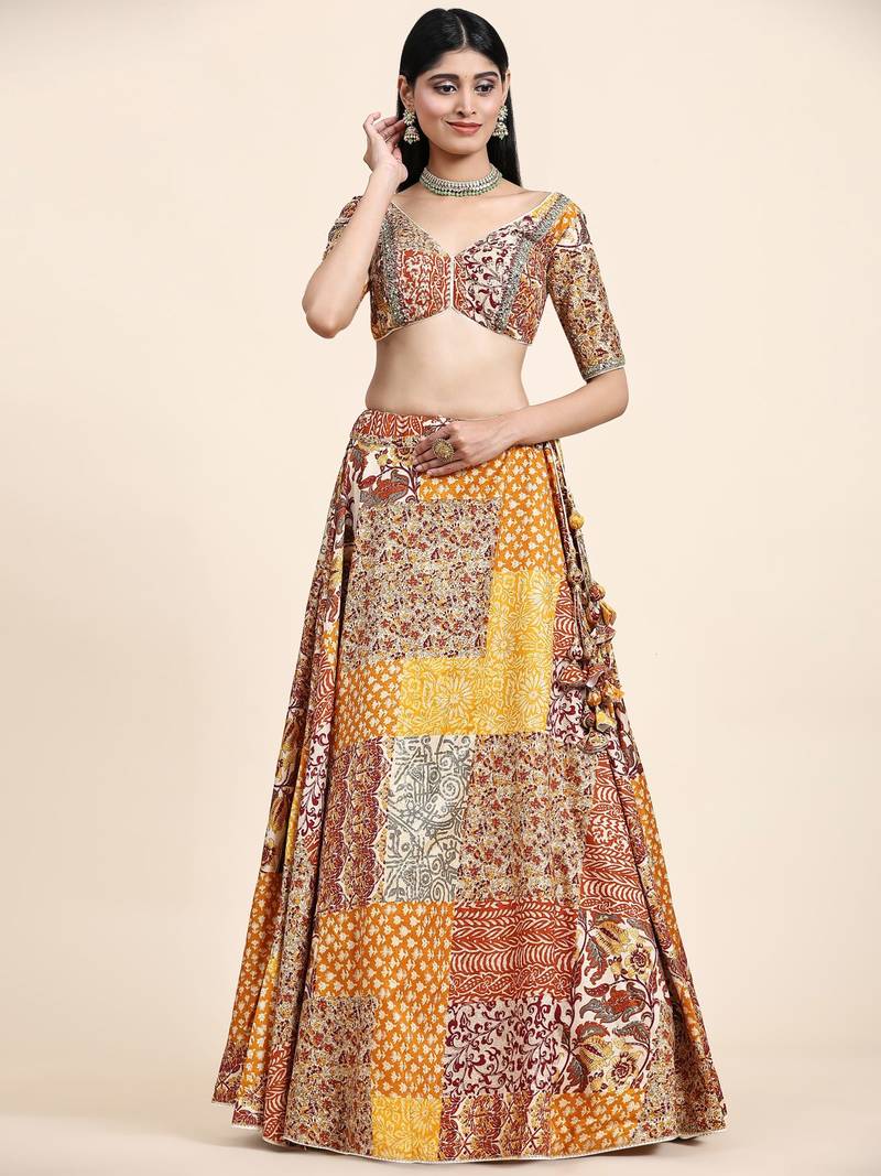 Yellow & Red Embroidered Silk Traditional Lehnga Choli with Blouse