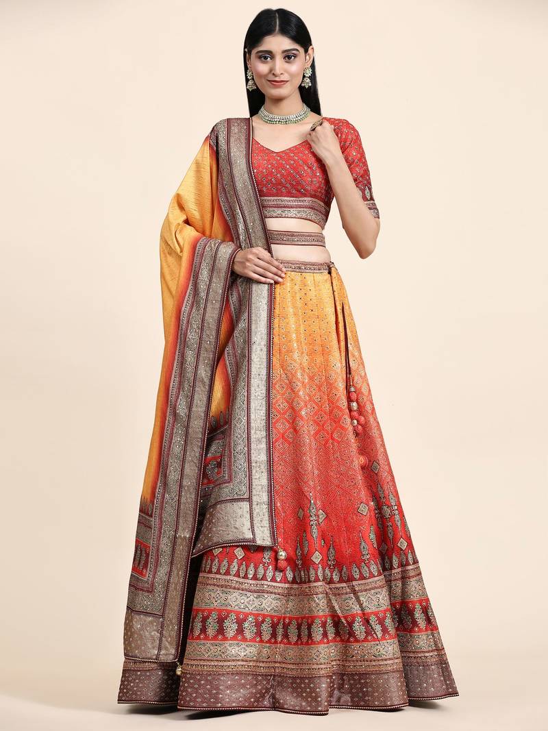Yellow & Red Embroidered Silk Traditional Lehnga Choli with Blouse