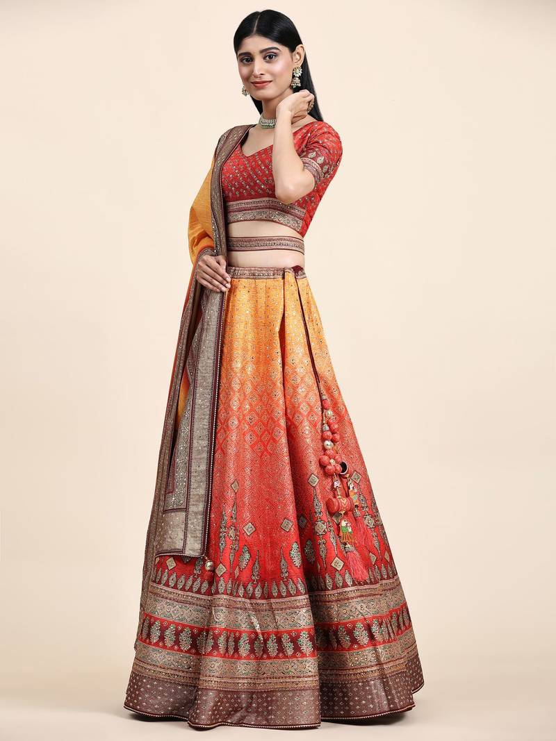 Yellow & Red Embroidered Silk Traditional Lehnga Choli with Blouse