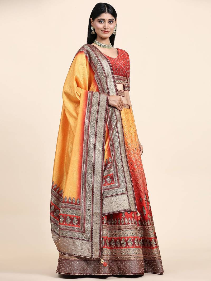 Yellow & Red Embroidered Silk Traditional Lehnga Choli with Blouse