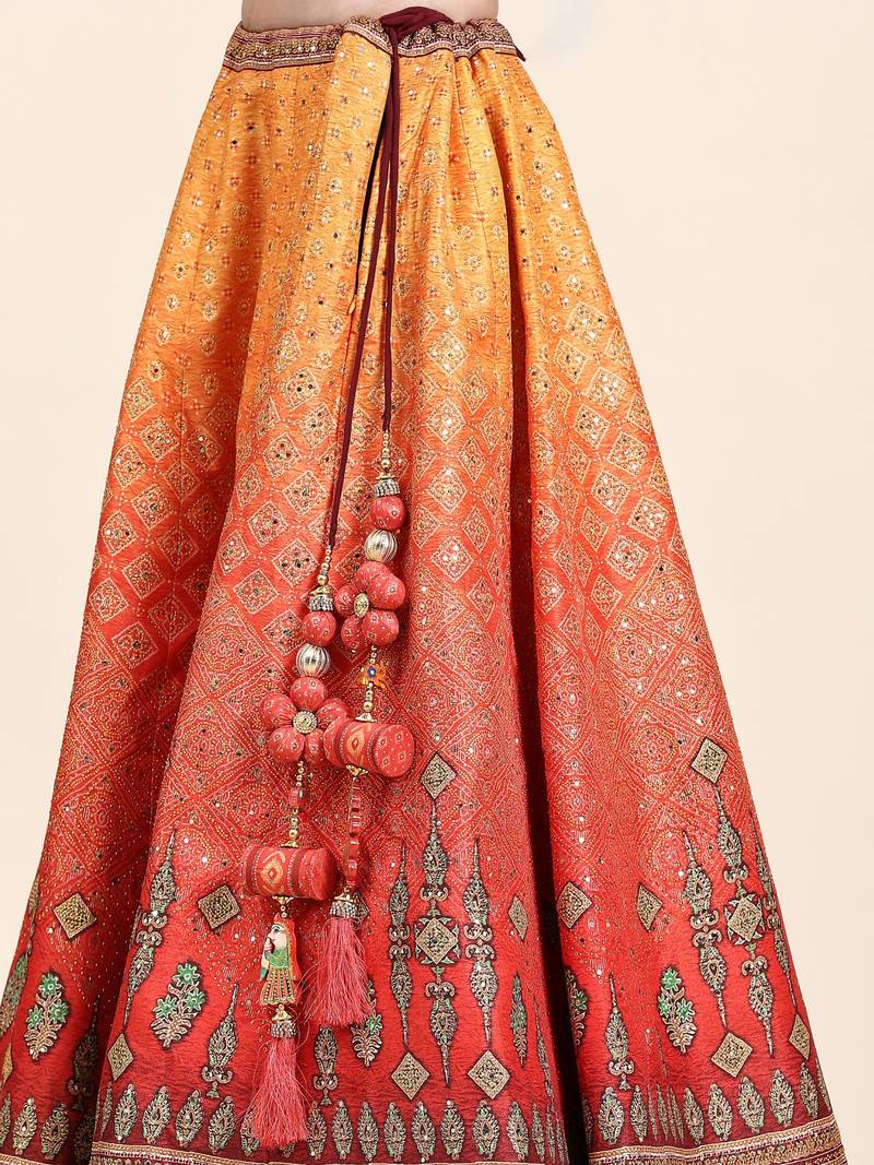 Yellow & Red Embroidered Silk Traditional Lehnga Choli with Blouse