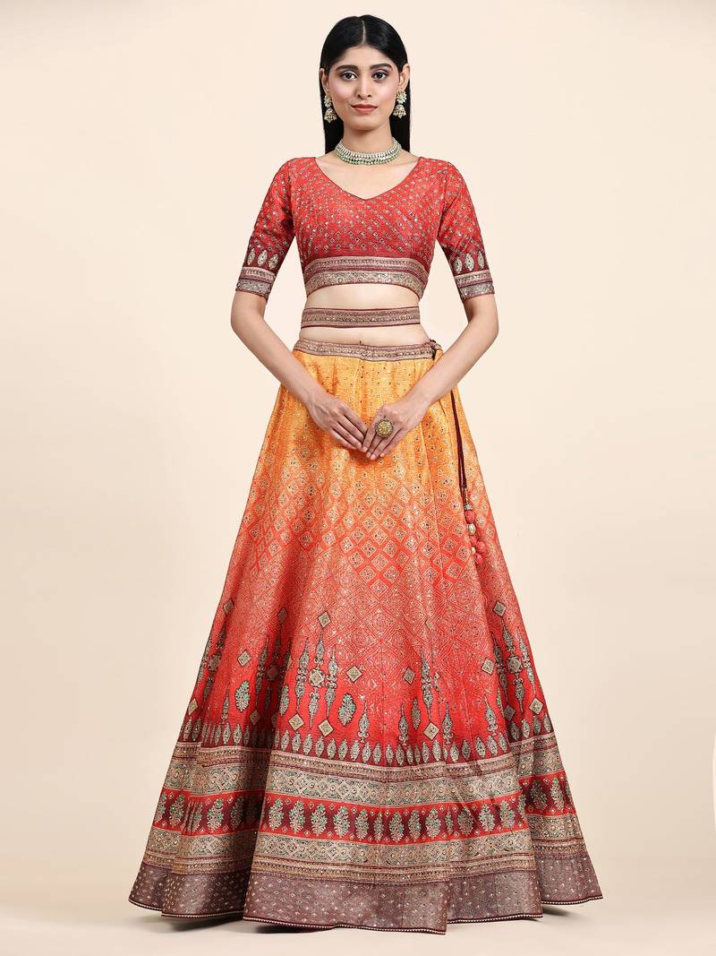 Yellow & Red Embroidered Silk Traditional Lehnga Choli with Blouse