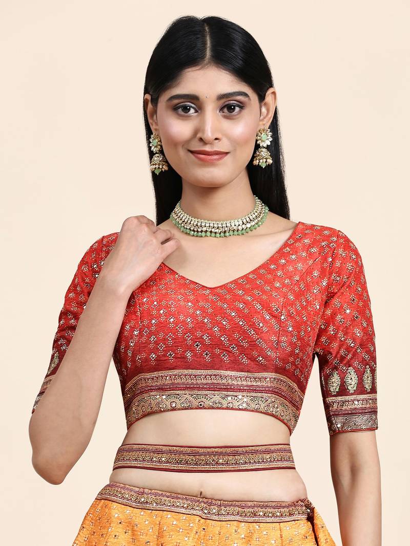 Yellow & Red Embroidered Silk Traditional Lehnga Choli with Blouse