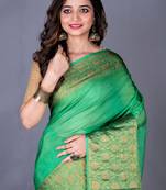 Vanarasi organza plain golden zari heavy border saree