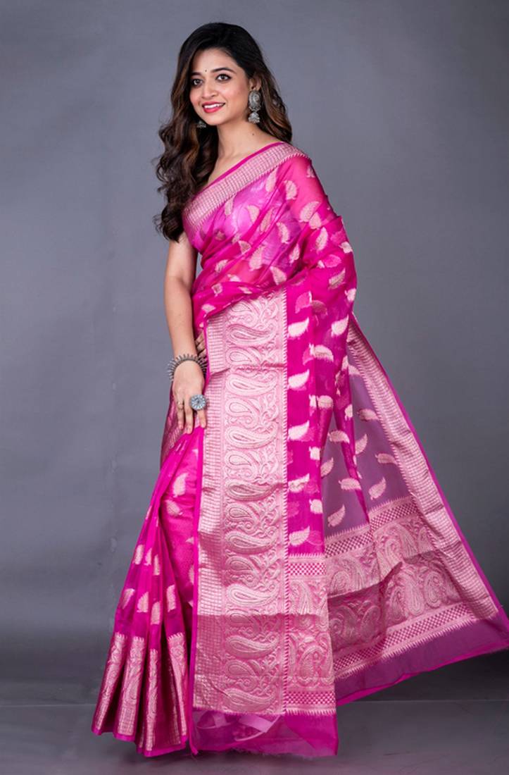 Hot Pink Banarasi Tissue Saree