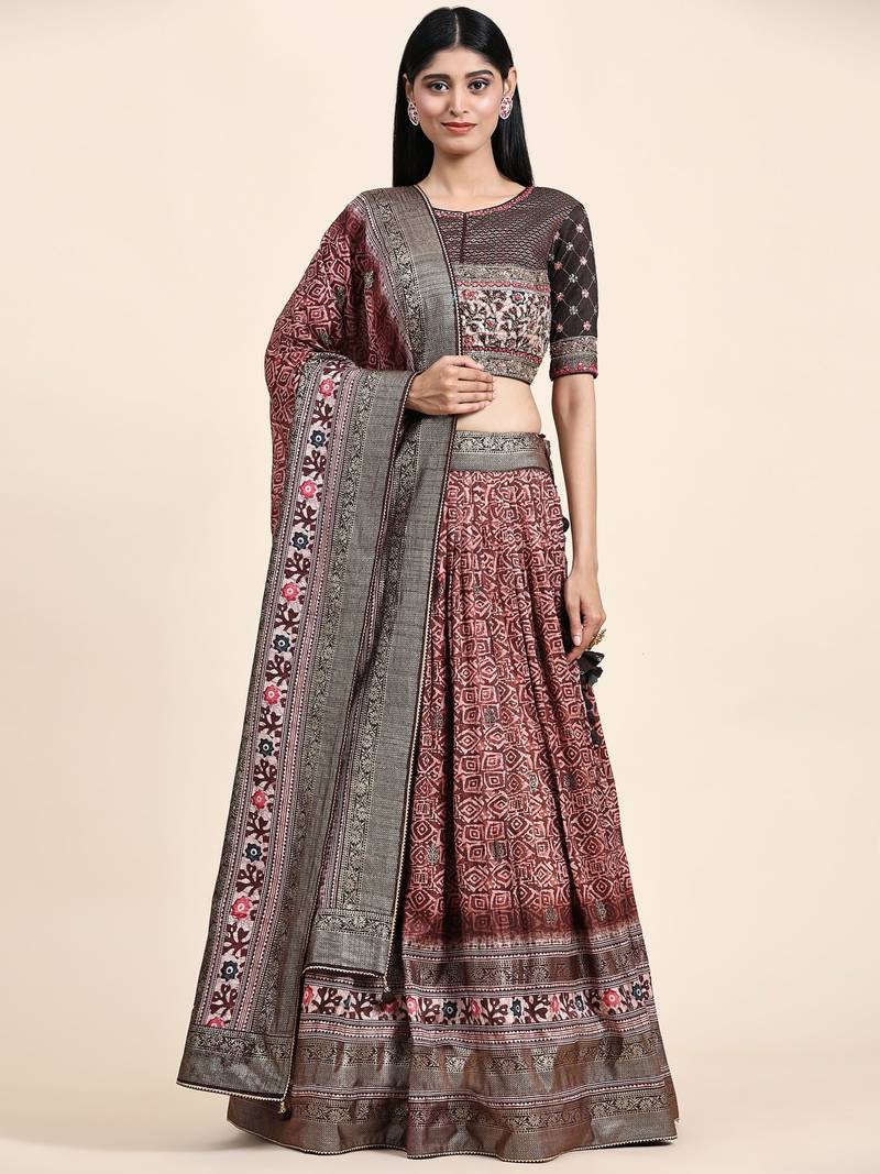 Dark Brown Embroidered Silk Traditional Lehnga Choli with Blouse