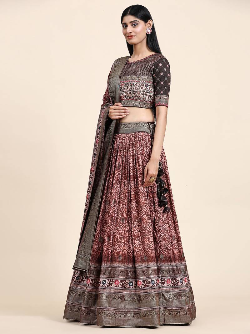 Dark Brown Embroidered Silk Traditional Lehnga Choli with Blouse