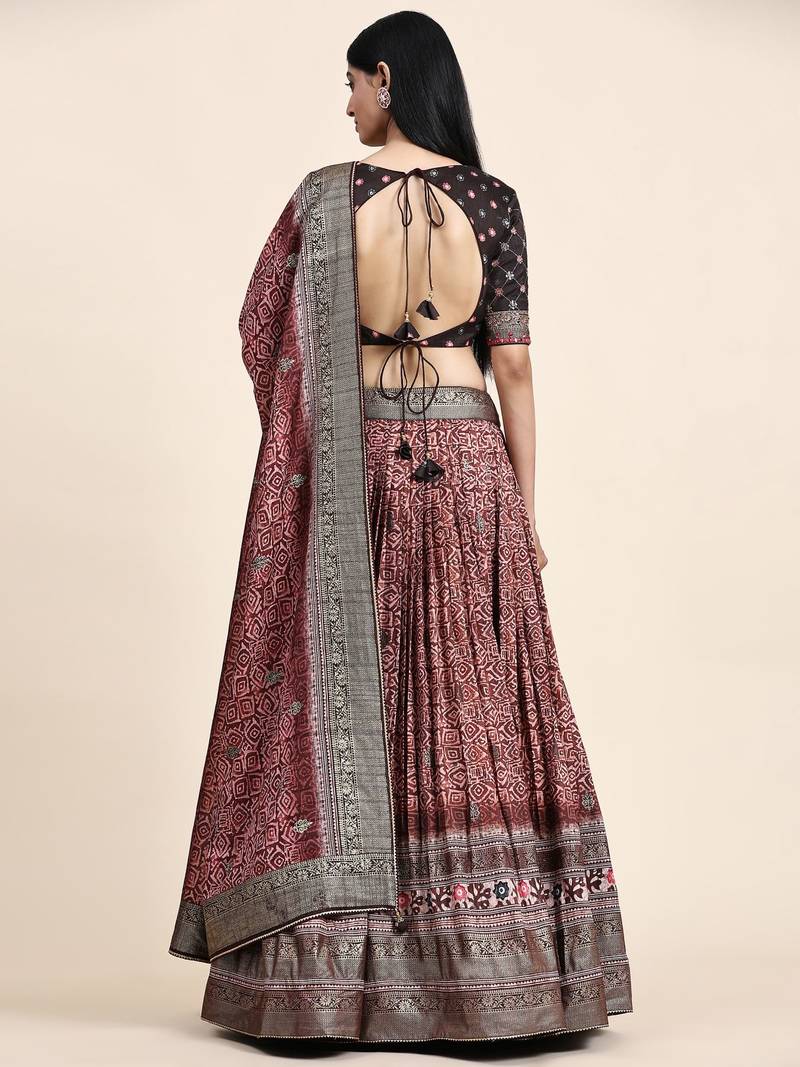 Dark Brown Embroidered Silk Traditional Lehnga Choli with Blouse