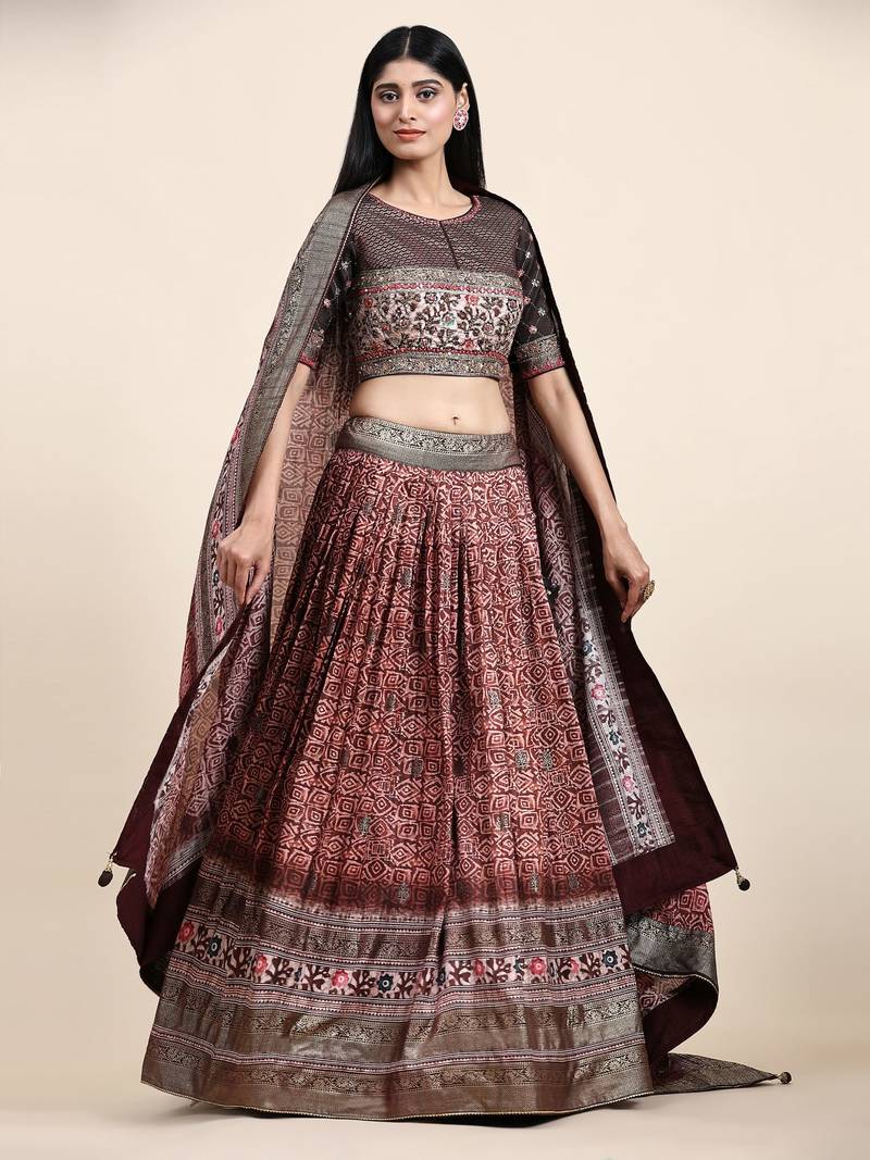 Dark Brown Embroidered Silk Traditional Lehnga Choli with Blouse