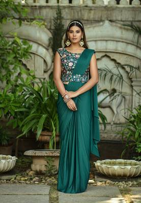 Ready To Wear Stitched Lycra Saree With Heavy Embroidery Multi Sequins Work Blouse With Embroidery Waist Belt 1