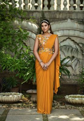 Ready To Wear Stitched Lycra Saree With Heavy Embroidery Multi Sequins Work Blouse With Embroidery Waist Belt 1