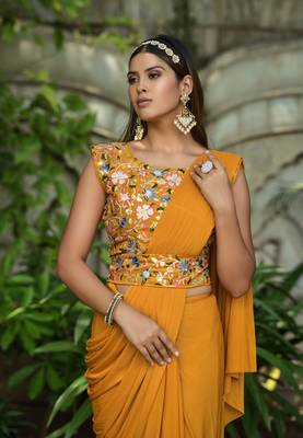 Ready To Wear Stitched Lycra Saree With Heavy Embroidery Multi Sequins Work Blouse With Embroidery Waist Belt 2
