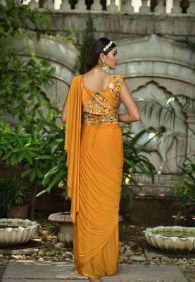 Ready To Wear Stitched Lycra Saree With Heavy Embroidery Multi Sequins Work Blouse With Embroidery Waist Belt 3