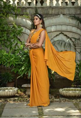 Ready To Wear Stitched Lycra Saree With Heavy Embroidery Multi Sequins Work Blouse With Embroidery Waist Belt 4