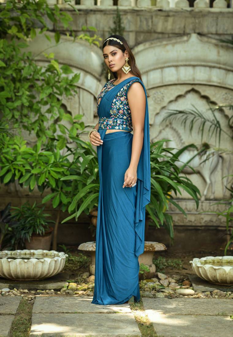 Ready to Wear Stitched Lycra Saree With Heavy Embroidery Multi Sequins Work Blouse With Embroidery Waist Belt