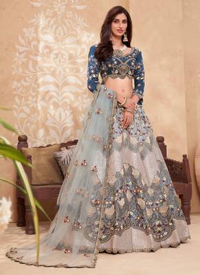 Blue Art Silk Mirror Work and Floral Embroidered Bridal Lehenga Choli 1