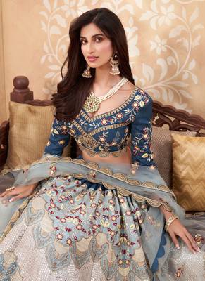 Blue Art Silk Mirror Work and Floral Embroidered Bridal Lehenga Choli 2