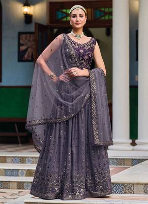 Purple Embroidered Georgette Circular Lehenga With Blouse Up To 42" Size 1