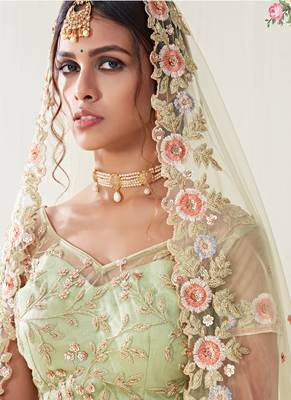 Green Net Multicolor Zari Work Floral Embroidered Wedding Lehenga Choli with Net Blouse 2