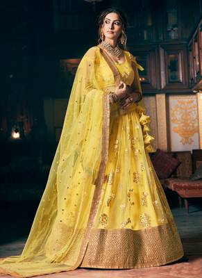 Yellow Embroidered Net Circular Lehenga With Blouse Up To 42" Size 1