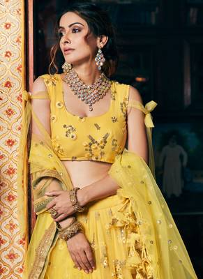 Yellow Embroidered Net Circular Lehenga With Blouse Up To 42" Size 2